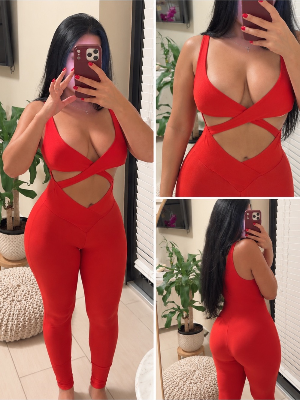 Red Cutout Stretch Jumpsuit - Women's Fitted One-Piece